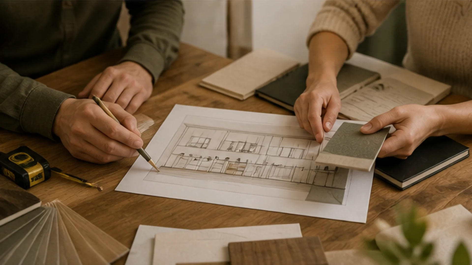 Design visit in progress — hands, plans and material samples