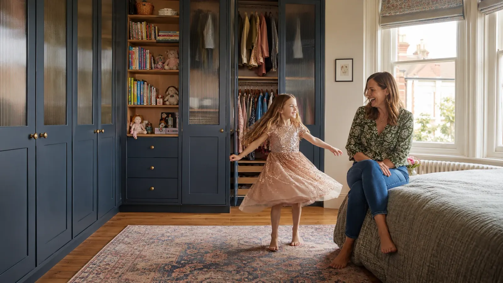 A mother watching her daughter twirl beside navy fitted wardrobes with reeded glass doors in a period bedroom