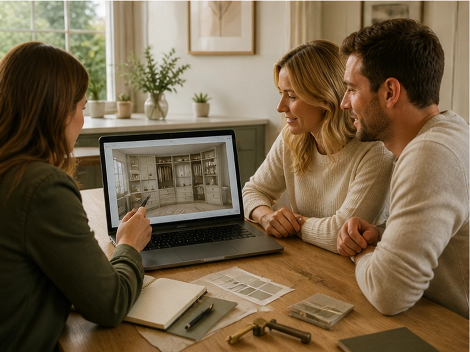 Specialist showing homeowners a 3D design of their fitted furniture