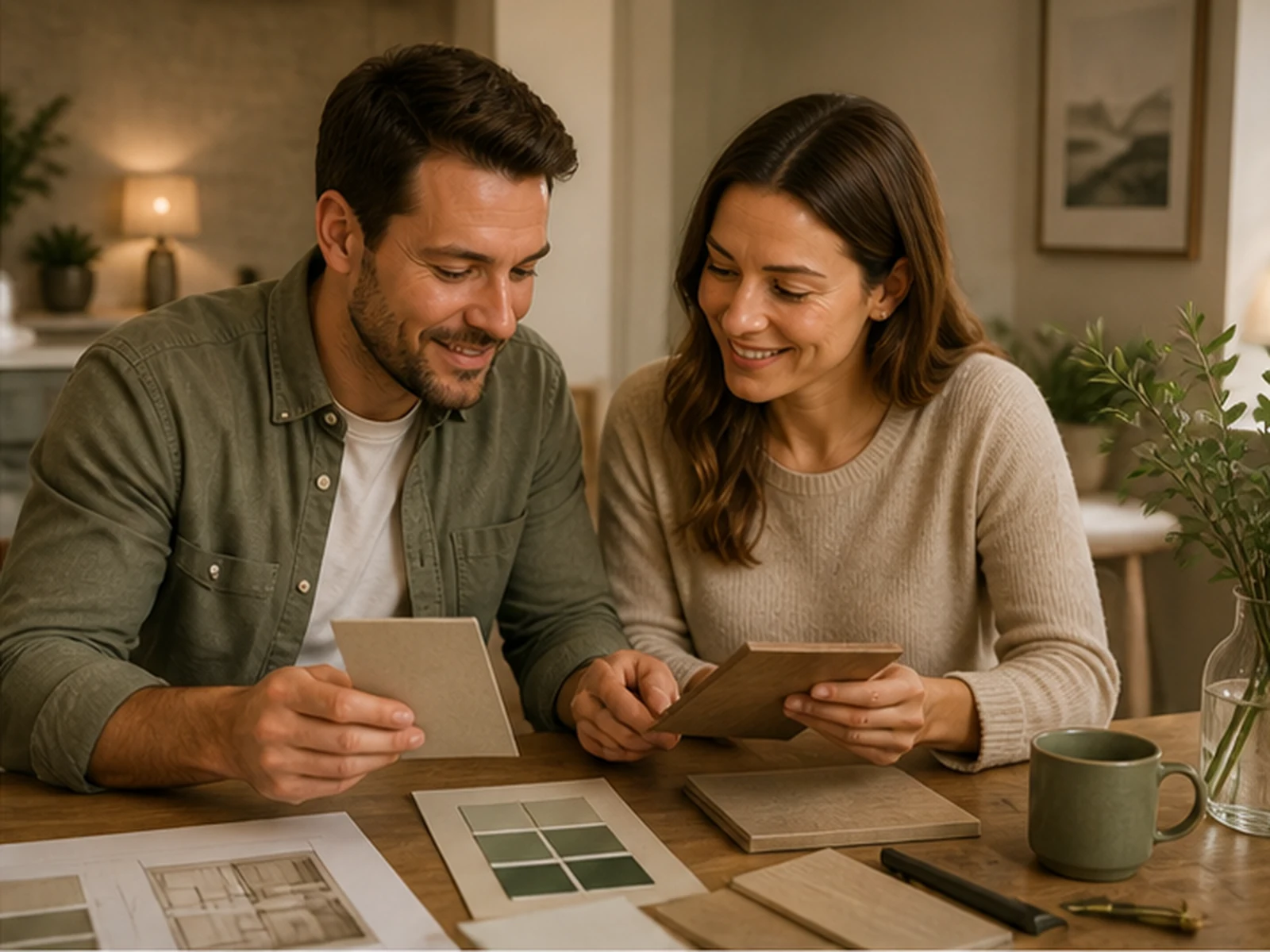 Couple looking at fitted furniture material samples together