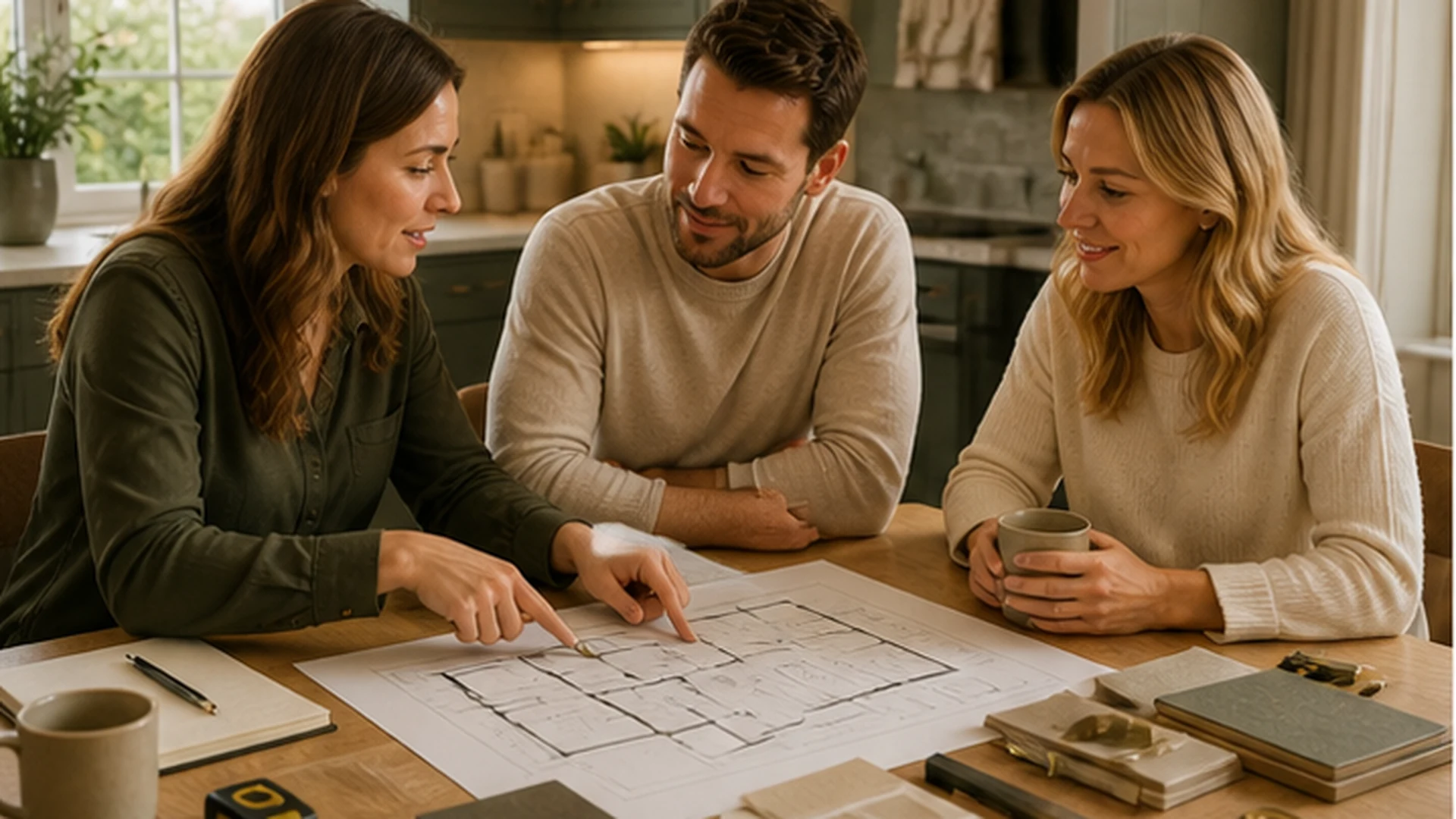 Designer reviewing fitted furniture plans with homeowners