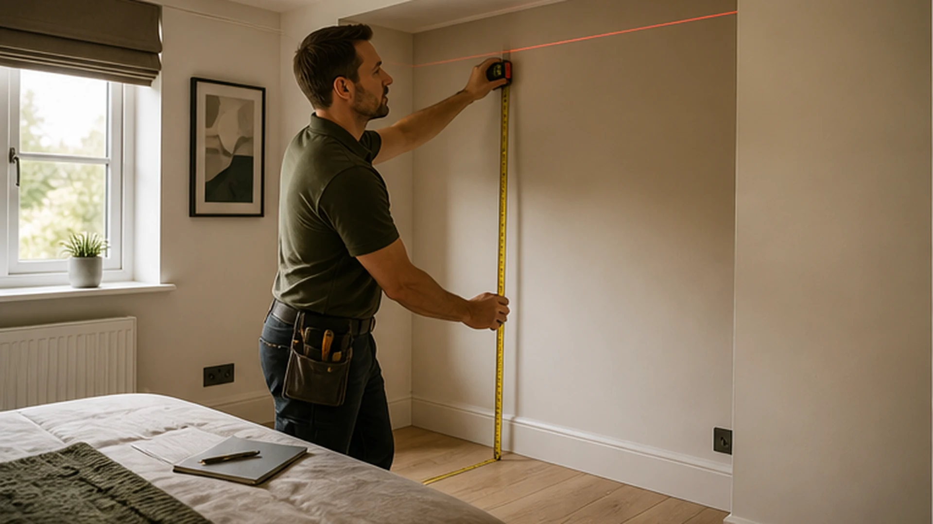Specialist measuring a bedroom for fitted wardrobes
