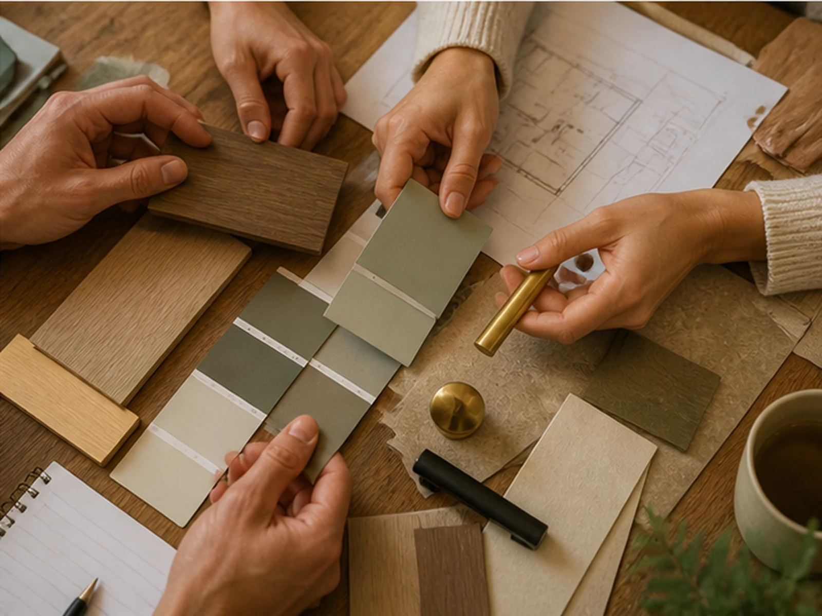 Close-up of timber, paint and handle samples being discussed