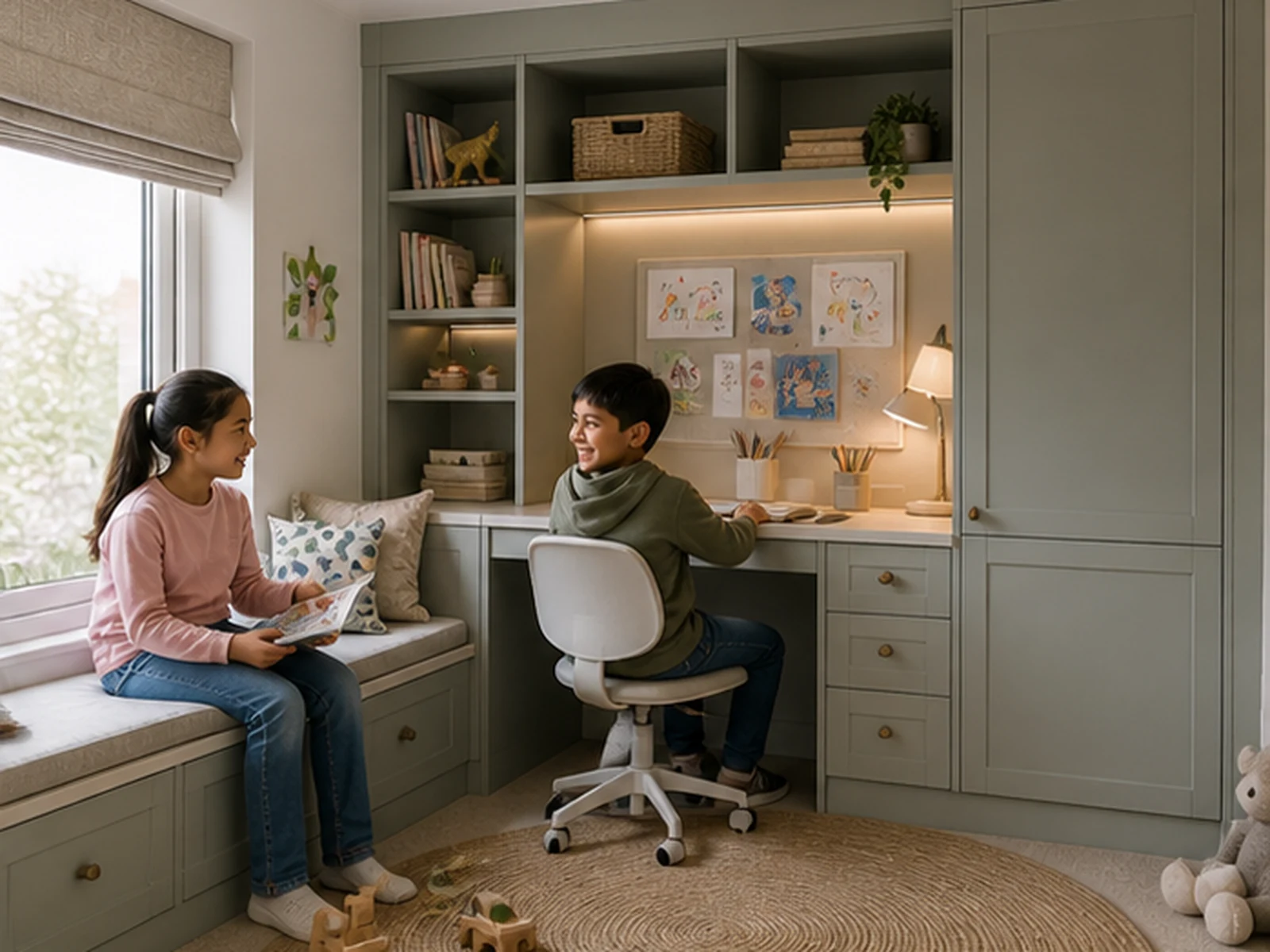 Family children's study with fitted desk and storage