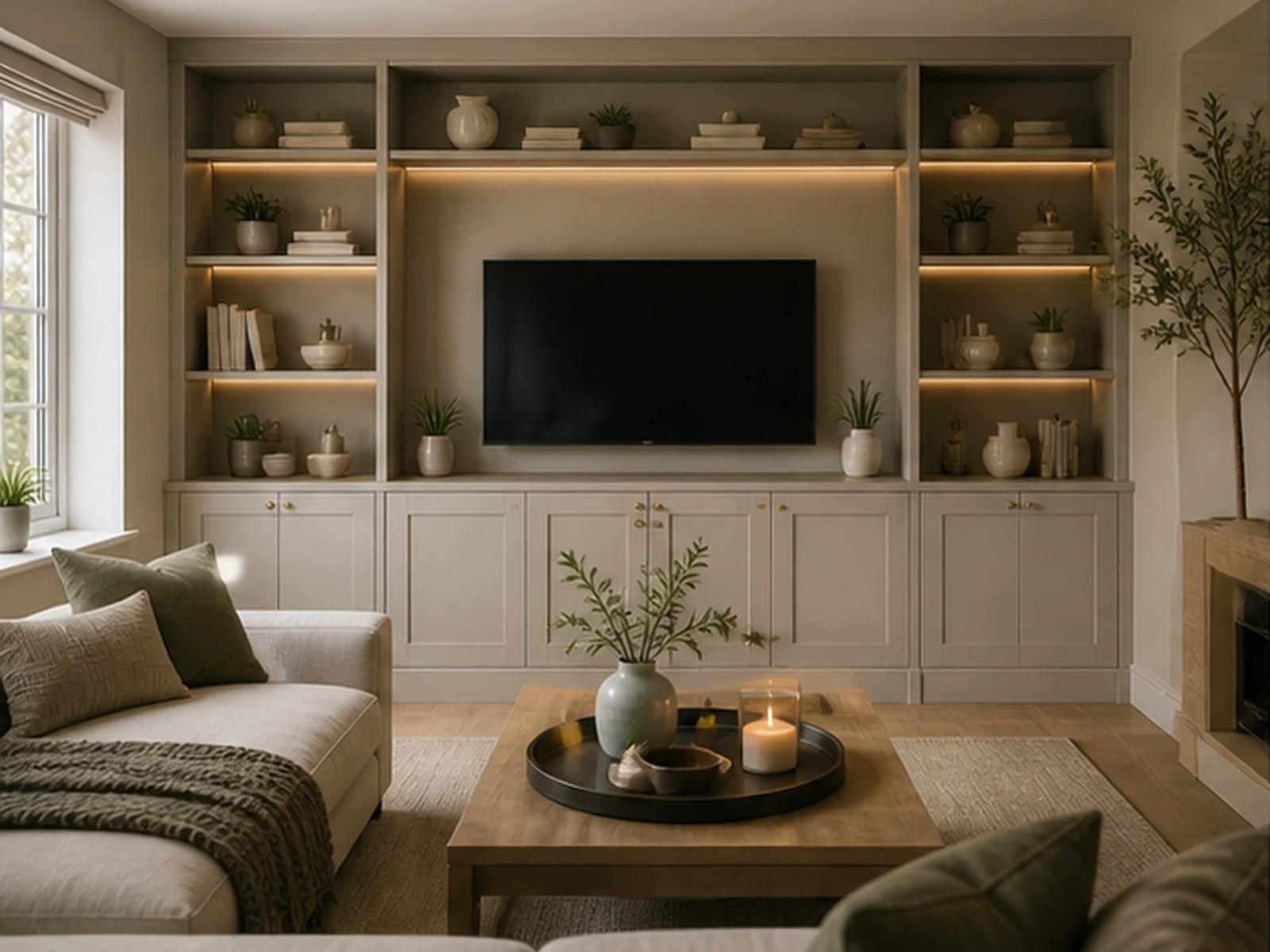 Bespoke media wall — finished fitted living room storage