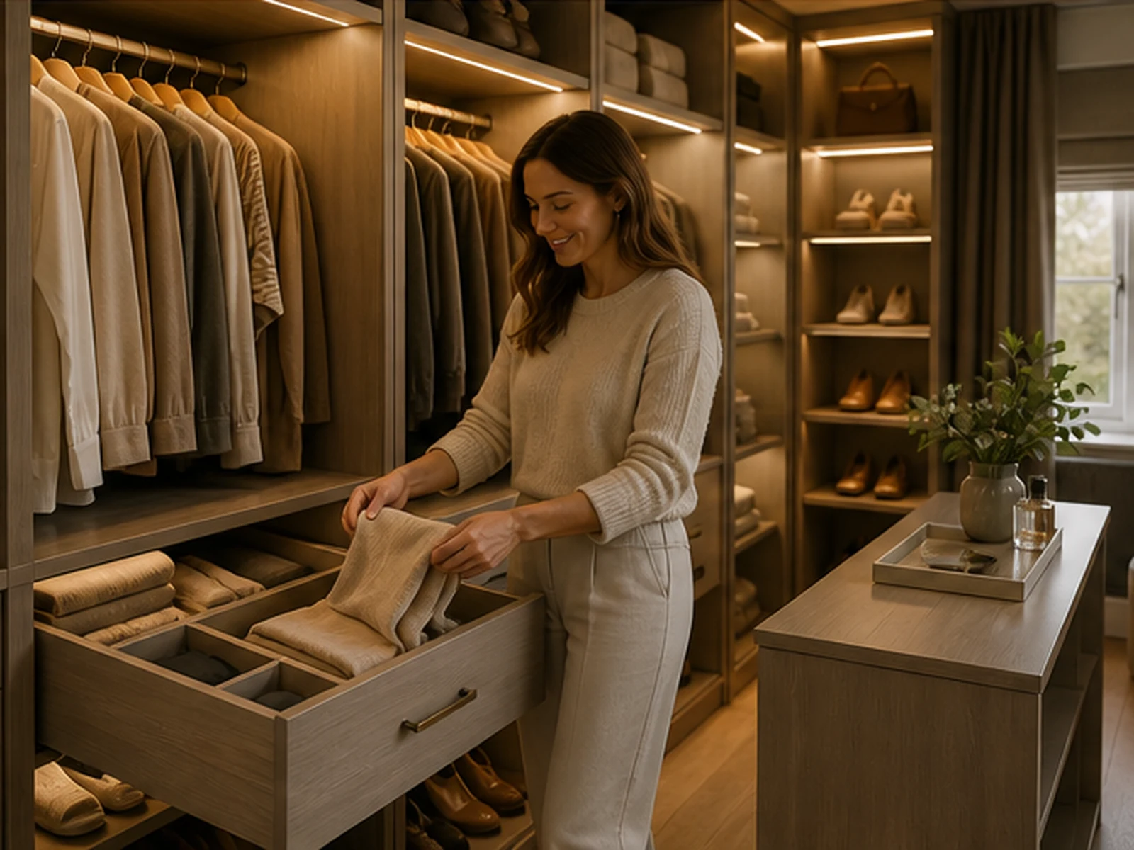 Homeowner enjoying their finished walk-in wardrobe
