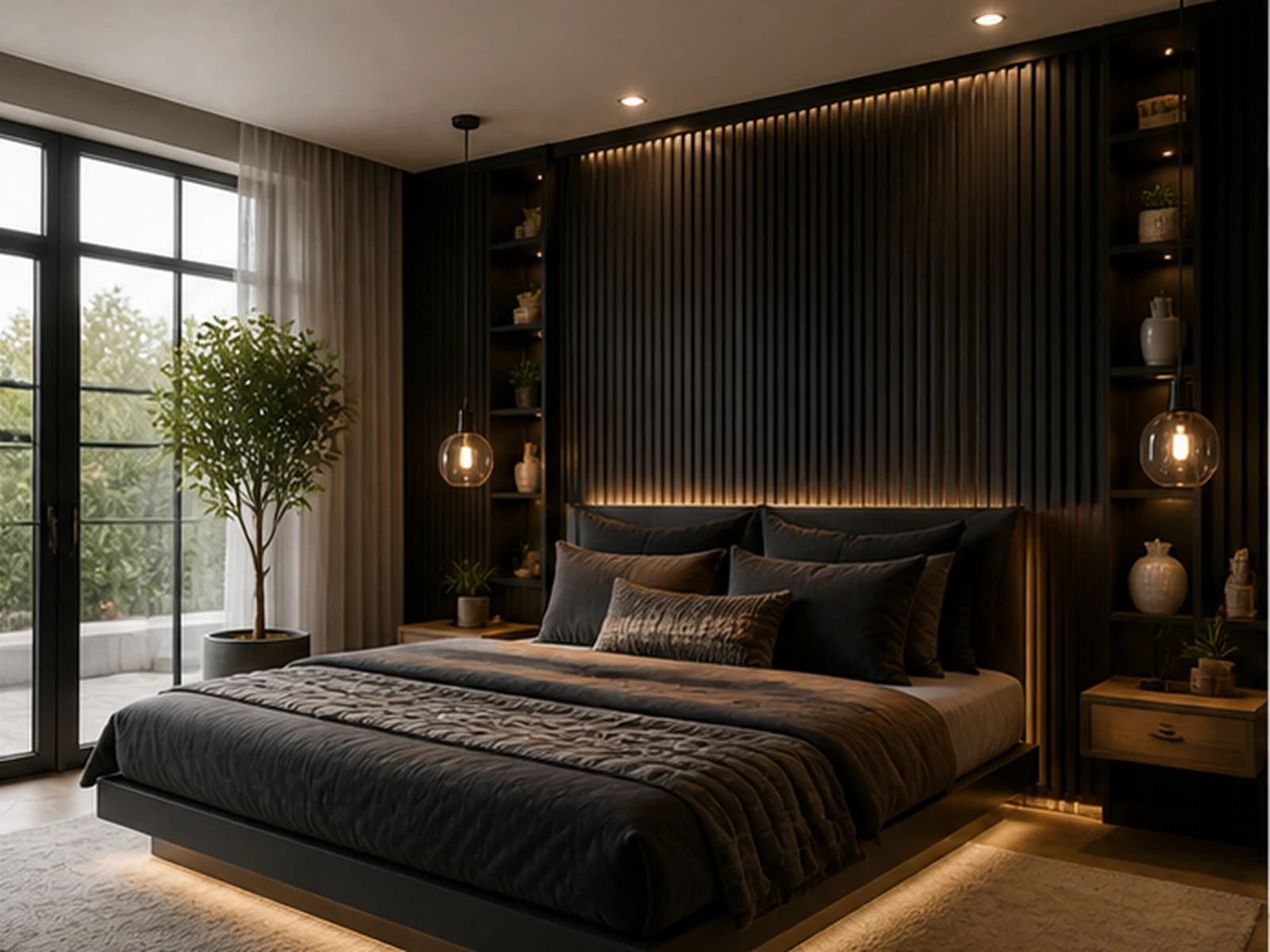 Moody luxe bedroom with fitted furniture — design-led imagery