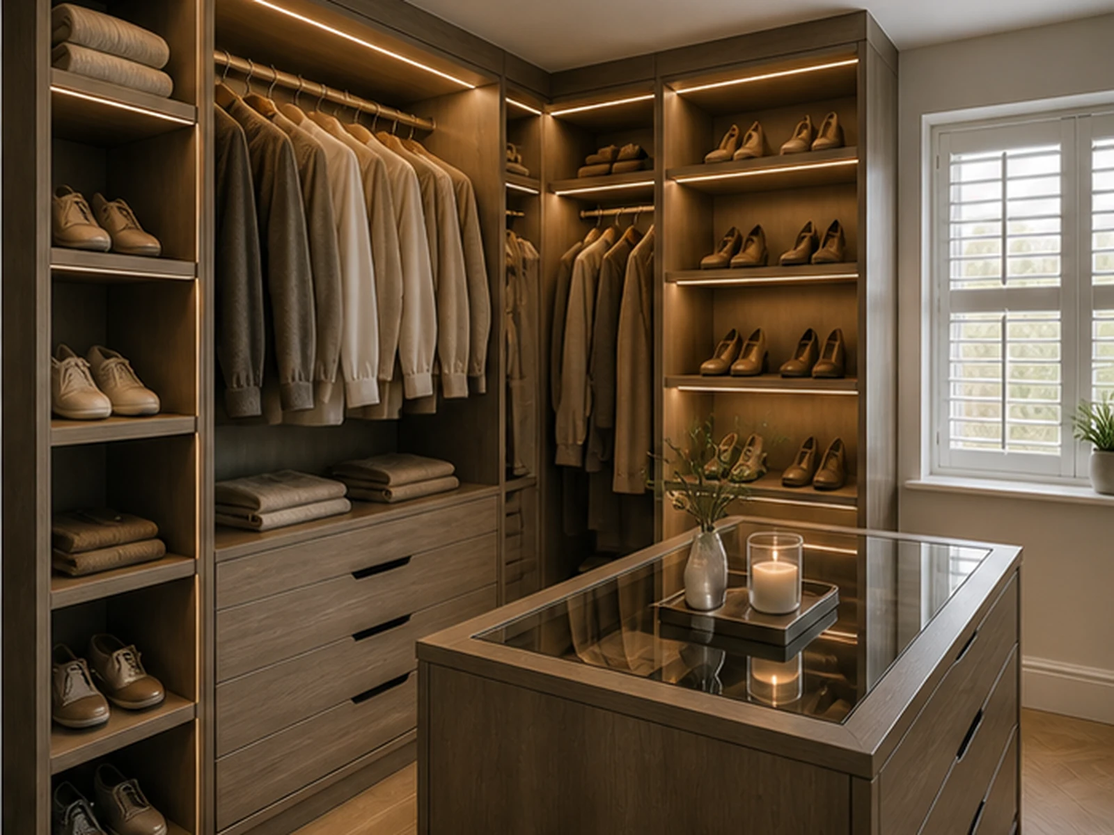 Walk-in wardrobe interior with integrated lighting